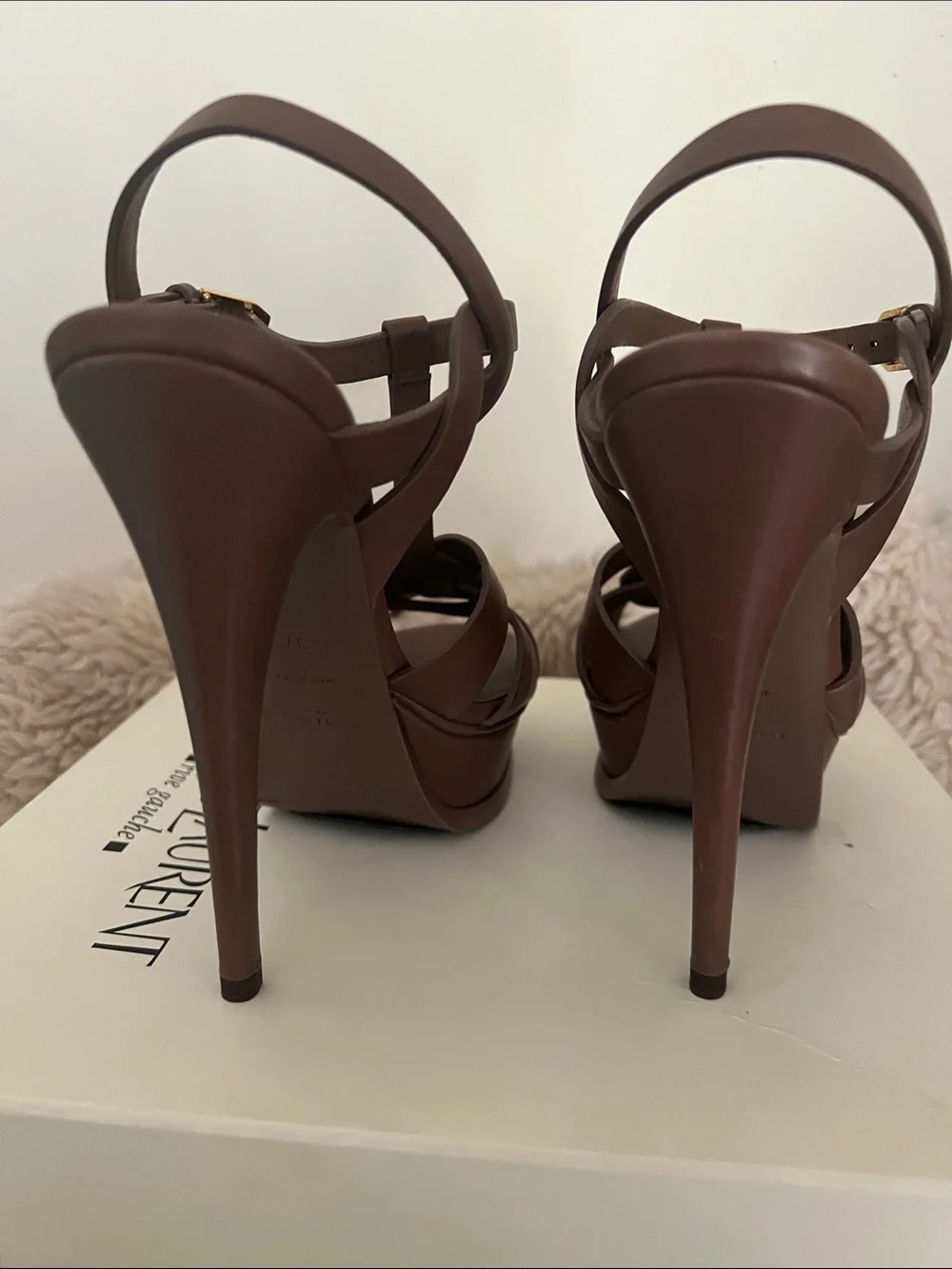 Yves Saint Laurent Brown Leather Knotted Platform Heels with Gold Logo - Picture 3 of 8